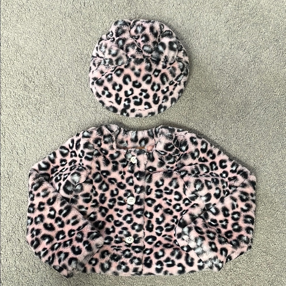 Gymboree 2023 2 Piece Girls Pink Leopard Print Fur Jacket & Hat | Size 2T